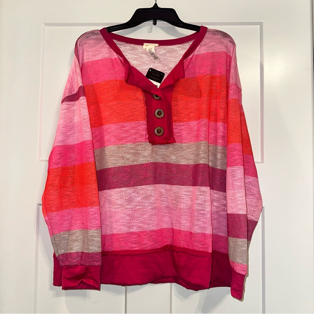 BiBi Pink Orange Tan Striped semi sheer sweater 3 button Large NWT